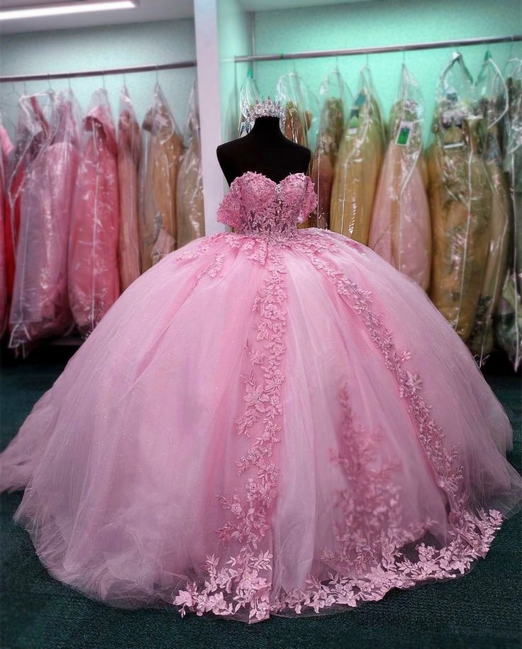 Jolies robes de Quinceanera, robe de bal, épaules dénudées, en tulle rose, avec appliques, pour 20e anniversaire, robe de soirée formelle, longue, pour 16 ans, B614
