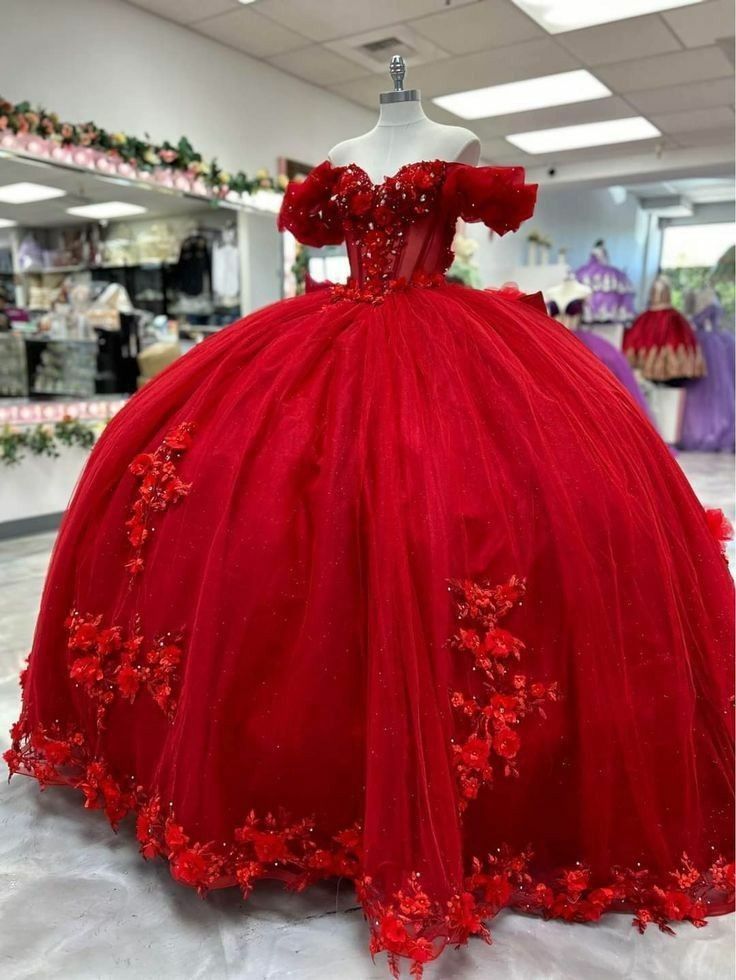 Jolies robes de Quinceanera, robe de bal, épaules dénudées, tulle rouge, appliques, robes d'anniversaire, robes de soirée formelles, robe longue pour 16 ans, B615