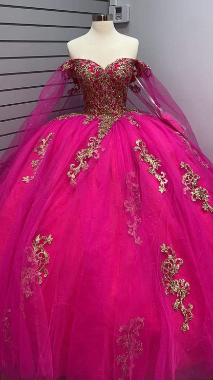 Jolies robes de Quinceanera, robe de bal, épaules dénudées, en tulle rose vif, avec appliques, pour 20e anniversaire, robe de soirée formelle, longue, B624