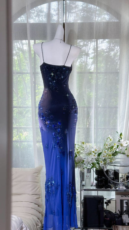 Robe de bal vintage sirène à bretelles spaghetti en mousseline de soie bleu roi, style rétro des années 1950, tenue de soirée, de remise de diplôme, pour 21e anniversaire, B634