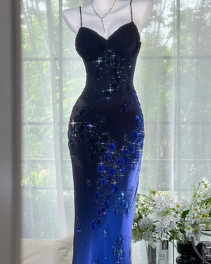 Robe de bal vintage sirène à bretelles spaghetti en mousseline de soie bleu roi, style rétro des années 1950, tenue de soirée, de remise de diplôme, pour 21e anniversaire, B634