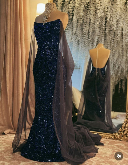 Robe de bal sirène élégante sans bretelles à paillettes bleu marine, robe de soirée d'inspiration princesse, robe de remise de diplôme B637
