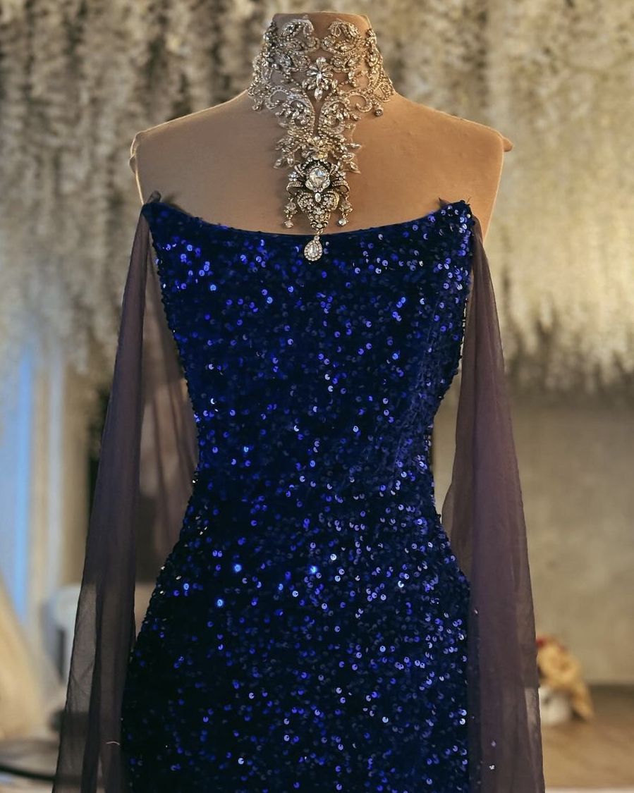 Robe de bal sirène élégante sans bretelles à paillettes bleu marine, robe de soirée d'inspiration princesse, robe de remise de diplôme B637