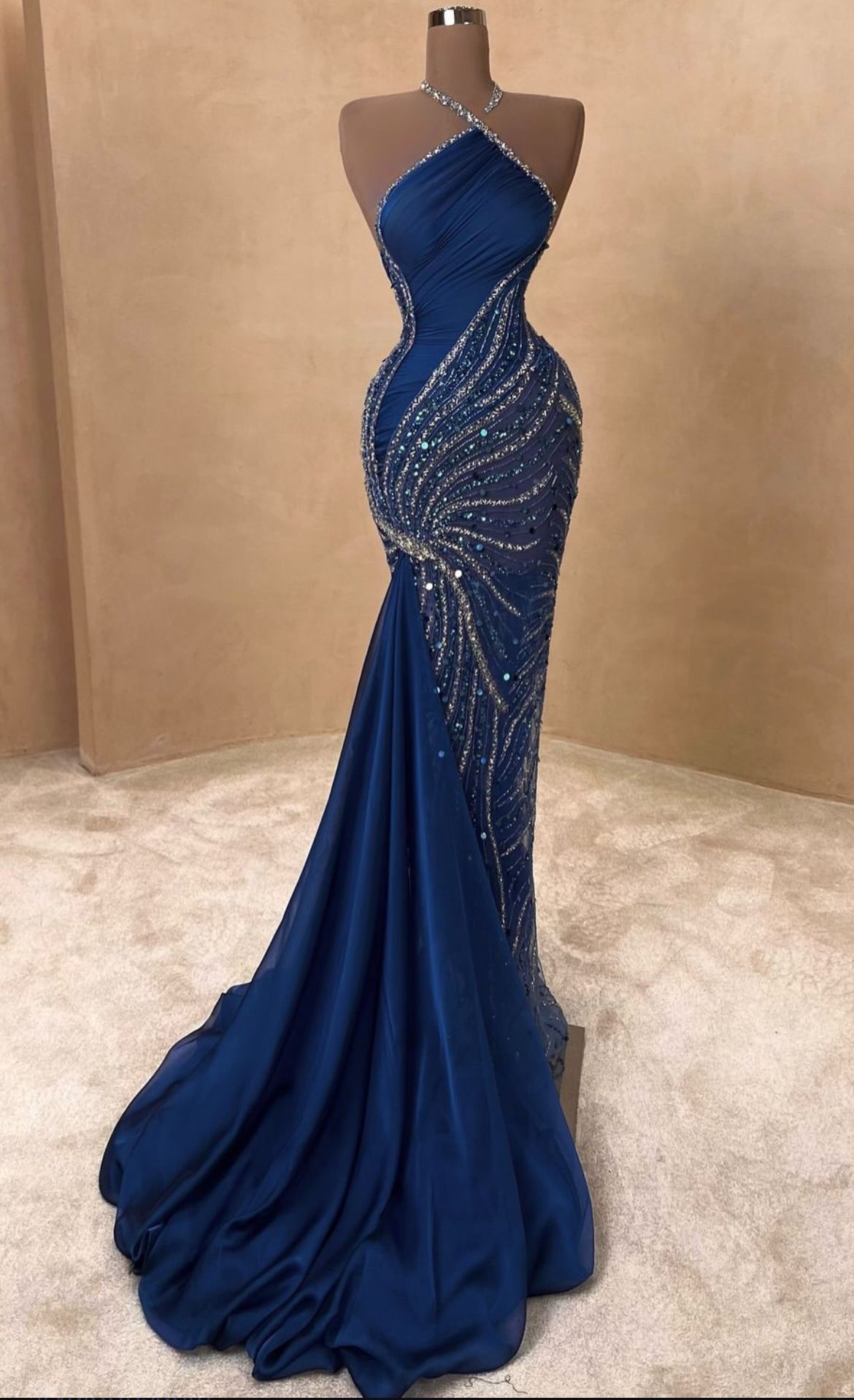 Elegant Mermaid Halter Navy Blue Sleeveless Long Floor Length Prom Dress Inspiration Prom Dresses B64