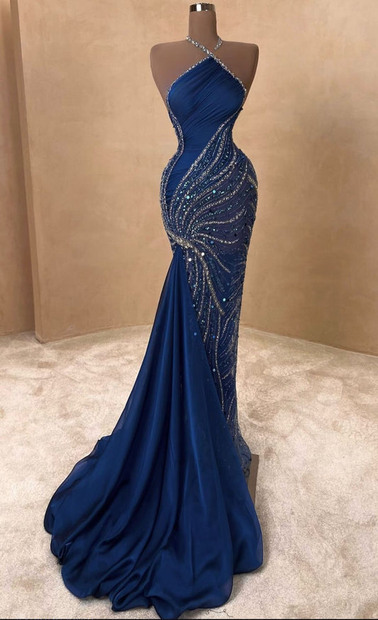 Elegant Mermaid Halter Navy Blue Sleeveless Long Floor Length Prom Dress Inspiration Prom Dresses B64