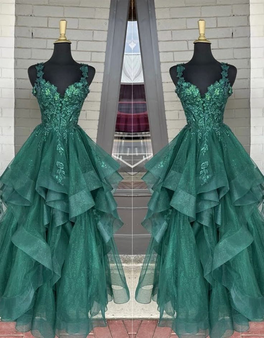 Classy Ball Gown Straps Dark Green Lace Tulle Prom Dresses Inspiration Party Dress Princess Graduation Dress B643