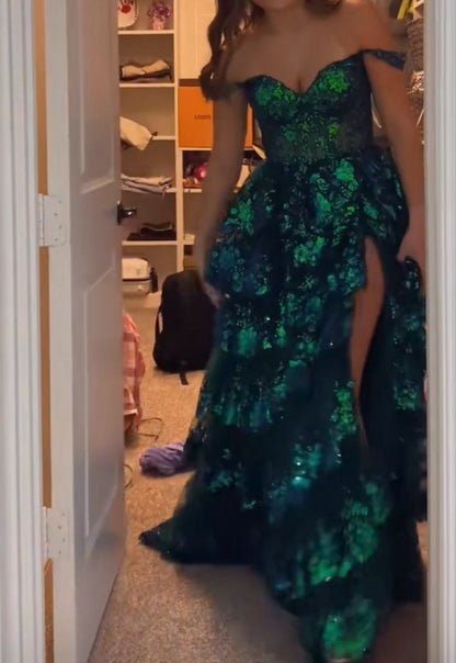 Charming Ball Gown Off The Shoulder Green Sequin Lace Prom Dresses Inspiration Slit Party Dress Princess Graduation Dress B647