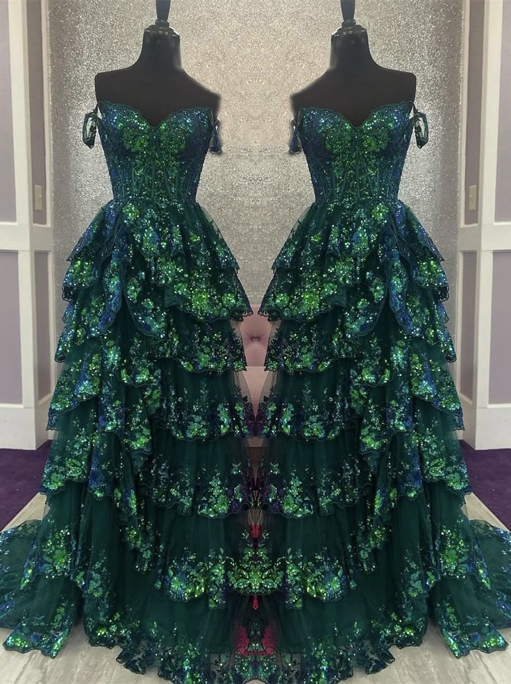 Charming Ball Gown Off The Shoulder Green Sequin Lace Prom Dresses Inspiration Slit Party Dress Princess Graduation Dress B647
