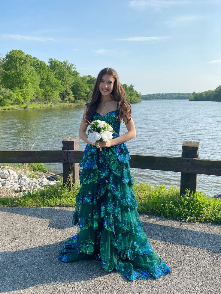 Charming Ball Gown Off The Shoulder Green Sequin Lace Prom Dresses Inspiration Slit Party Dress Princess Graduation Dress B647