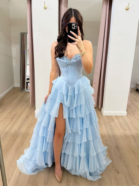 Robe de bal modeste en mousseline de soie bleu ciel clair, décolleté en cœur, fente sans manches, élégante, robe de soirée, robe de princesse, robe de remise de diplôme, B649
