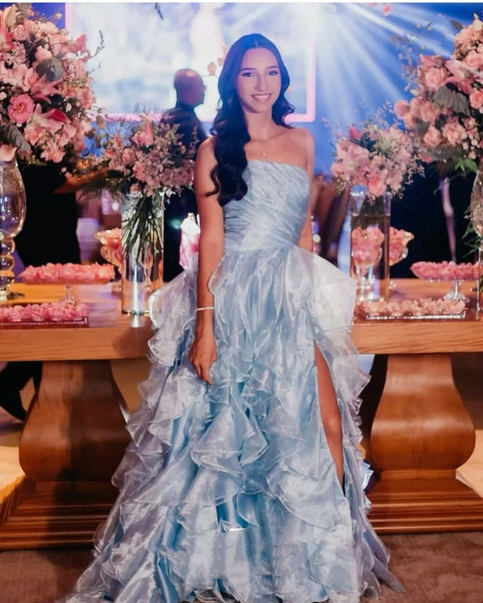 Robe de bal modeste sans bretelles, bleu ciel clair, fendue, sans manches, robe de soirée d'inspiration princesse, robe de remise de diplôme B650