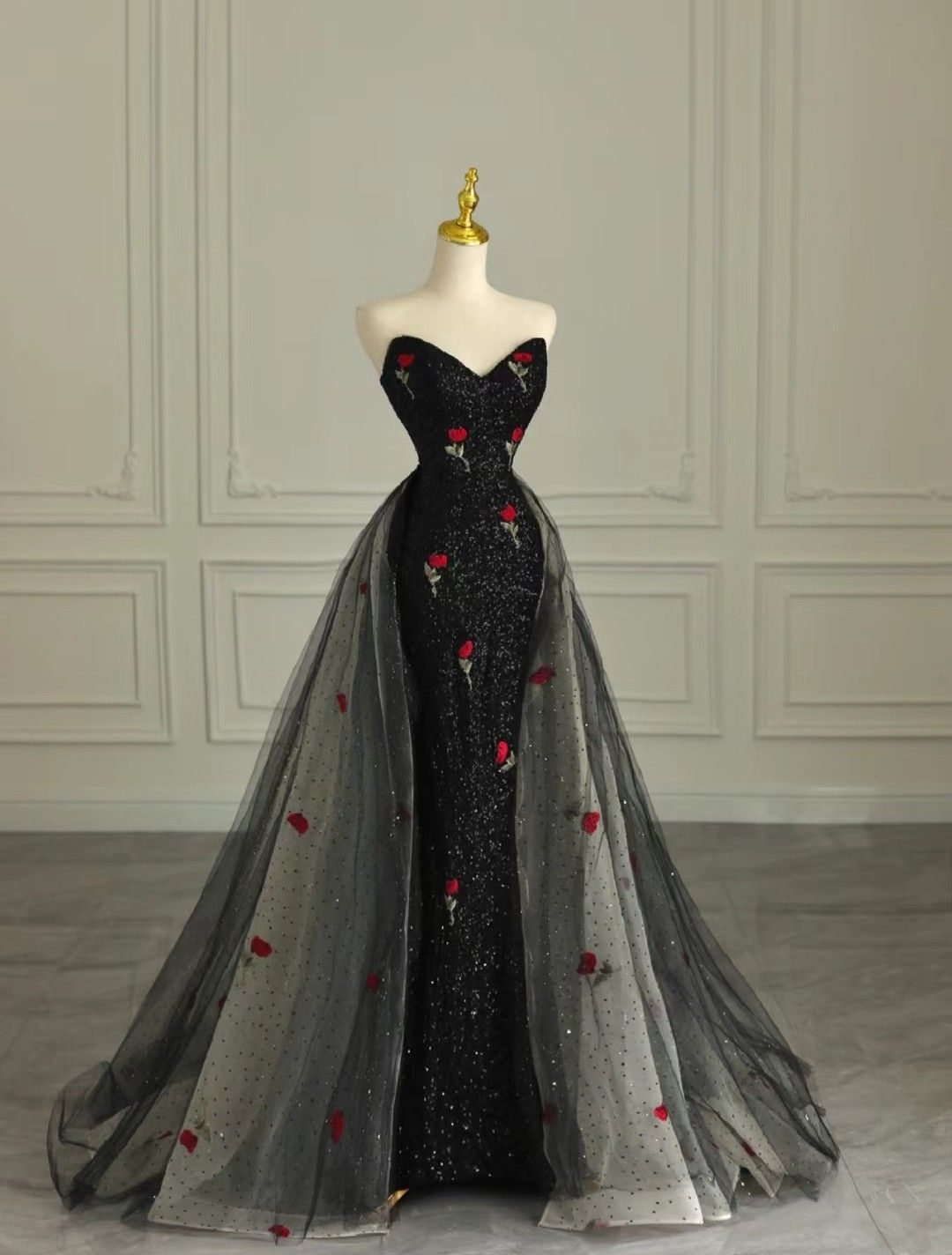 Robe de bal élégante sirène noire à paillettes, sans manches, longue et décolletée en cœur, longueur au sol, inspiration robes de bal B66