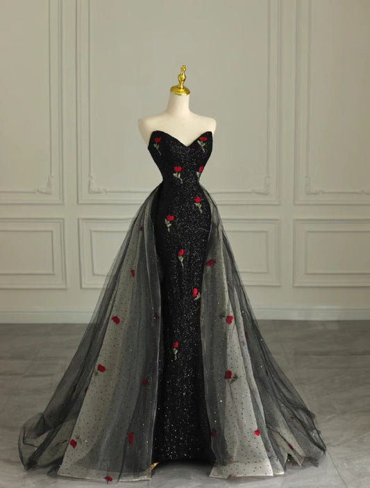 Elegant Mermaid Sweetheart Black Sequin Sleeveless Long Floor Length Prom Dress Inspiration Prom Dresses B66