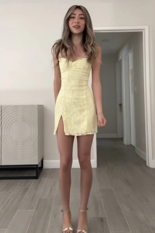 Cute Sheath Sweetheart Yellow Lace Short 25th Birthday Dress Homecoming Dresses Cocktail Gown B666
