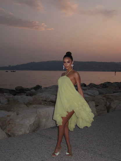 Cute A line Halter Yellow Chiffon Short 25th Birthday Dress Homecoming Dresses Cocktail Outfits B674