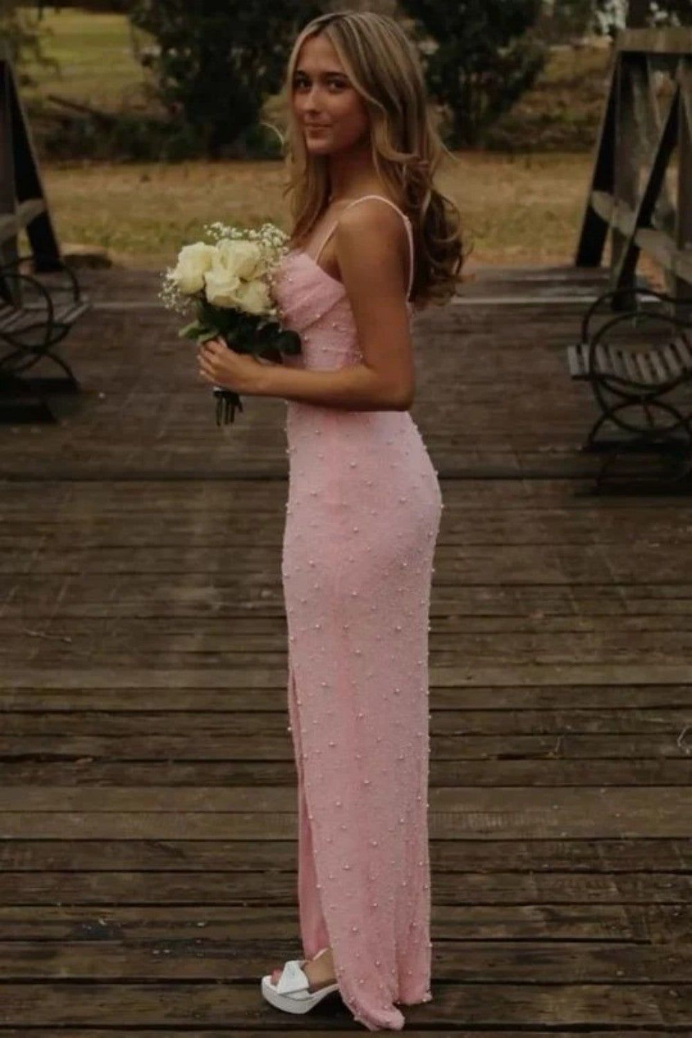 Modest Mermaid Spaghetti Straps Sequin Pink Slit Long Prom Dresses Party Dress 21st Birthday Outfits Graduation Dress B680