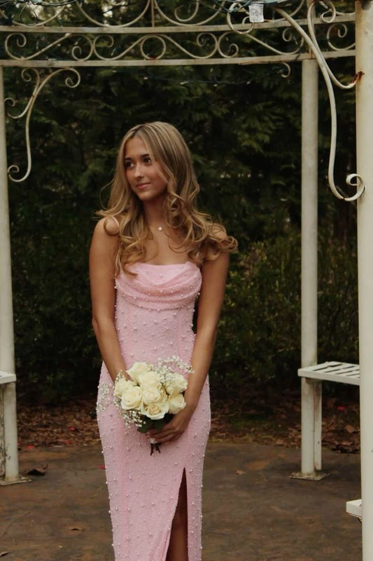 Robe de bal longue fendue rose à bretelles spaghetti et paillettes, style sirène, tenue de soirée pour 21e anniversaire, robe de remise de diplôme, B680