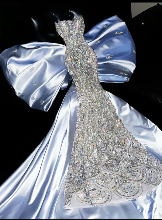 Modest Mermaid Strapless Blue Sequin Long Prom Dresses Party Dress 21st Birthday Outfits Graduation Dress B681