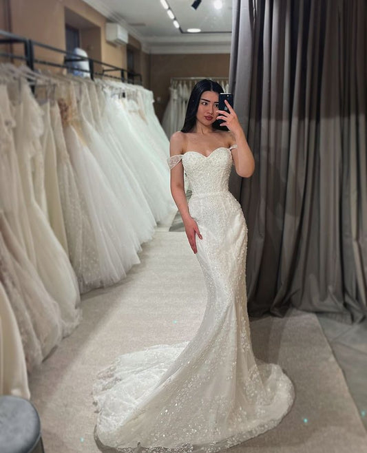 Modest Mermaid Sweetheart White Sequin Wedding Dress Long Fairytale Autumn Vintage Wedding Dresses B682