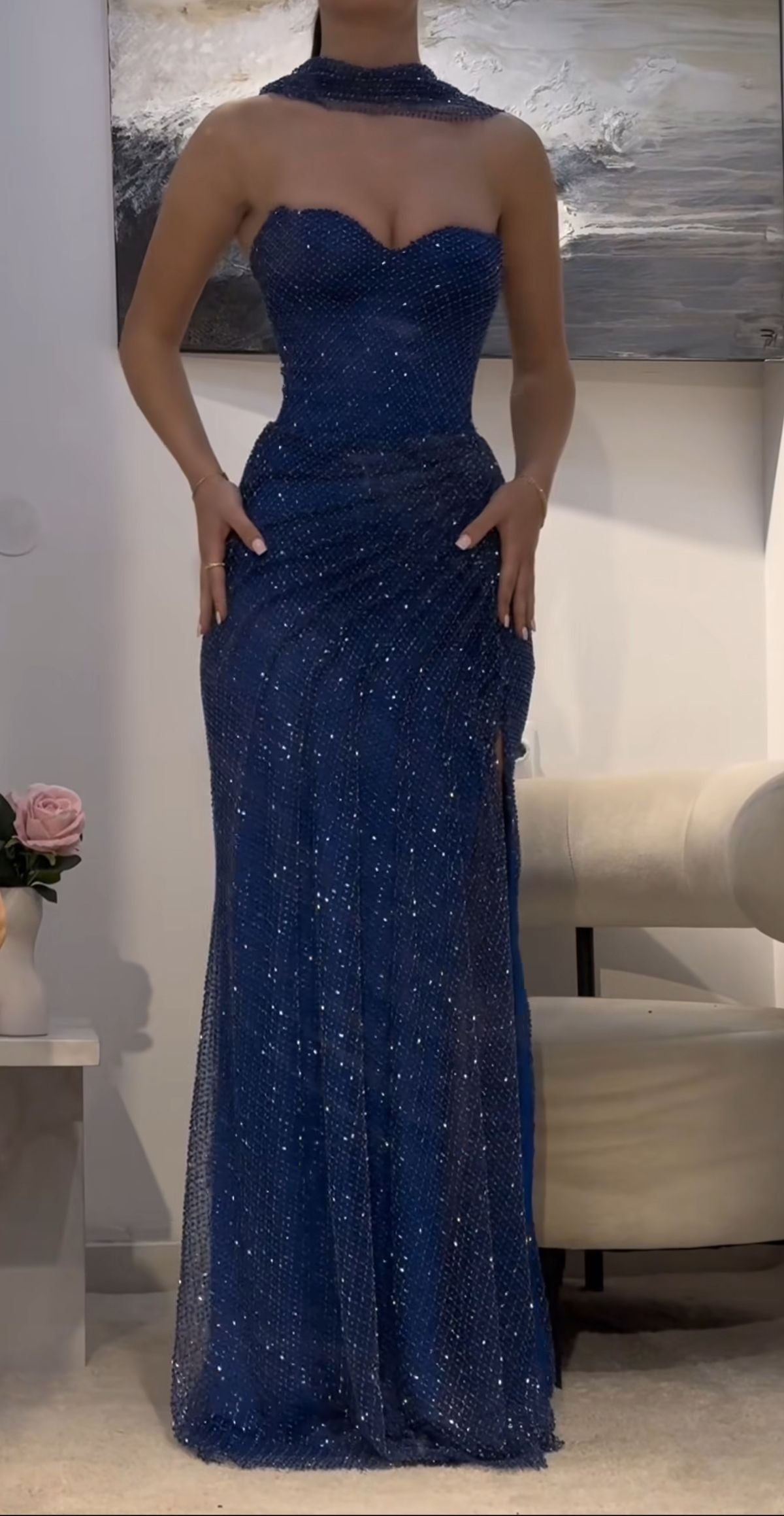 Sexy Meerjungfrau Schatz Royal Blau Ärmellose Pailletten Lange Ballkleider Partykleid 21. Geburtstag Outfits Abschlusskleid B691