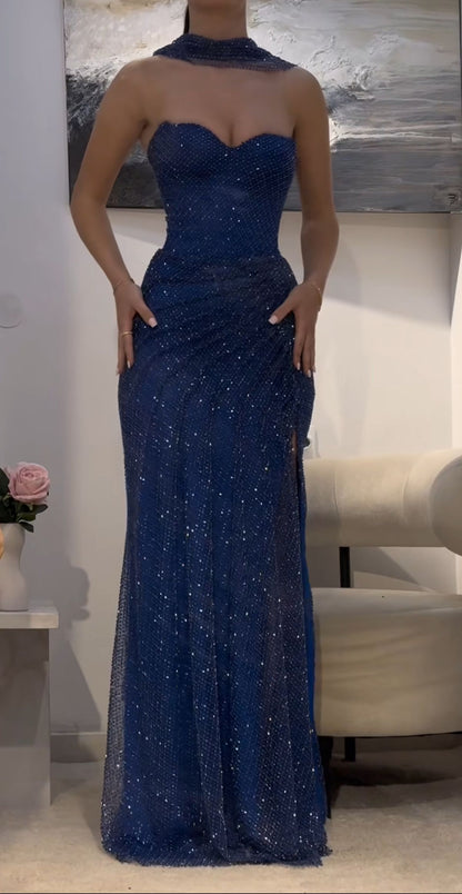 Sexy Meerjungfrau Schatz Royal Blau Ärmellose Pailletten Lange Ballkleider Partykleid 21. Geburtstag Outfits Abschlusskleid B691