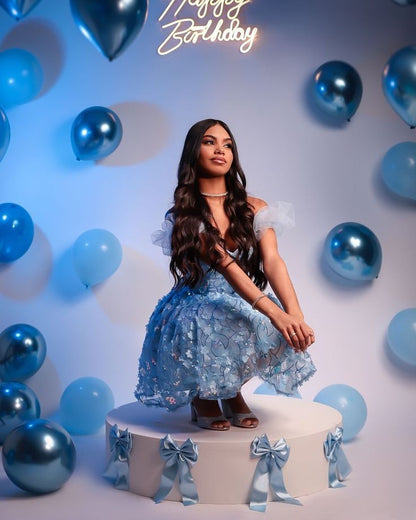 Unique Ball Gown Off The Shoulder Light Blue Sequin Short 18th Birthday Dress Freshman Homecoming Dresses Cocktail Gown B696