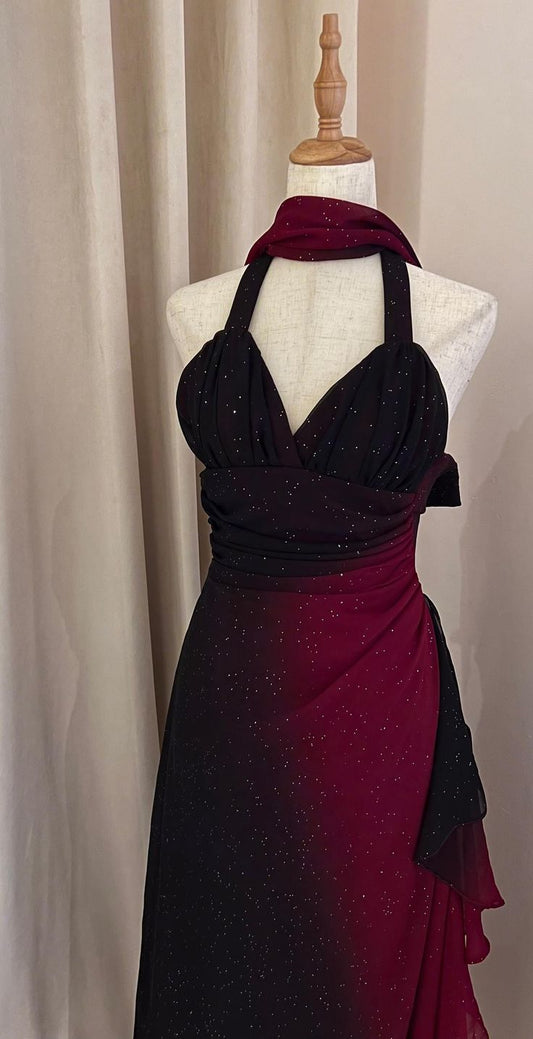 Vintage A line Halter Ombre Burgundy Chiffon Sleeveless Long Prom Dresses Party Dress 21st Birthday Outfits Graduation Dress B697