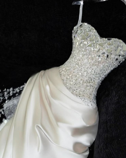 Modest Mermaid Sweetheart White Sequin Wedding Dress Long Fairytale Autumn Vintage Wedding Dresses B698