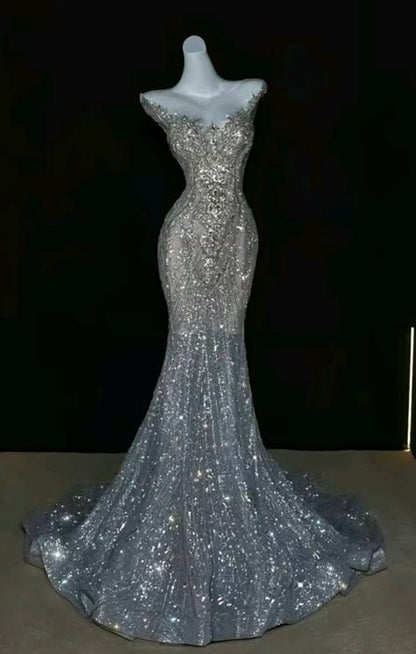 Robe de mariée sirène de rêve à col rond et paillettes argentées, longue, robe de mariée féerique et scintillante B75