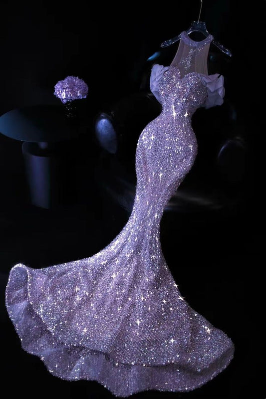 Elegant Mermaid Scoop Lilac Sequin Long Floor Length Prom Dress Inspiration Prom Dresses B77