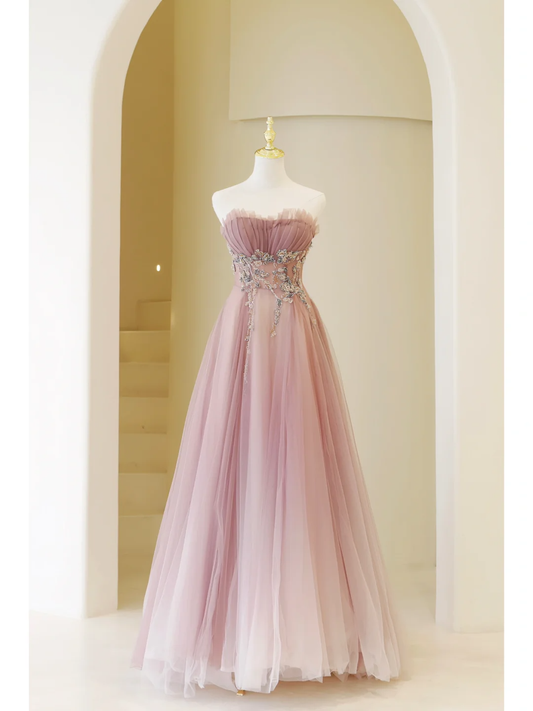 Charming Ball Gown Strapless Pink Tulle Long Prom Dresses Impress 20th Birthday Outfits Prom Gown AB908