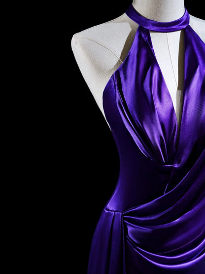 Elegant Mermaid Halter Grape Satin Long Floor Length Prom Dress Inspiration Prom Dresses B78