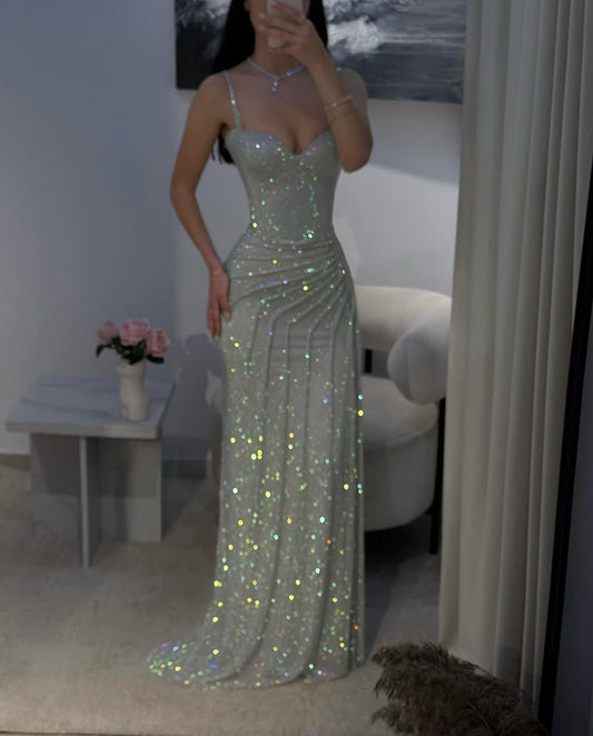 Elegant Mermaid Spaghetti Straps Silver Sequin Long Floor Length Prom Dress Inspiration Prom Dresses B88