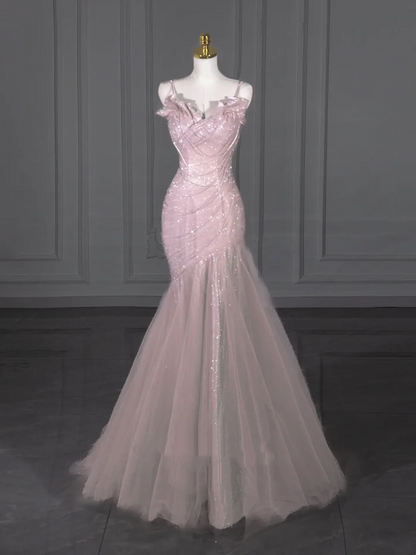 Robe de bal sirène élégante à bretelles spaghetti et paillettes roses, longue et longue au sol, inspiration robes de bal B89