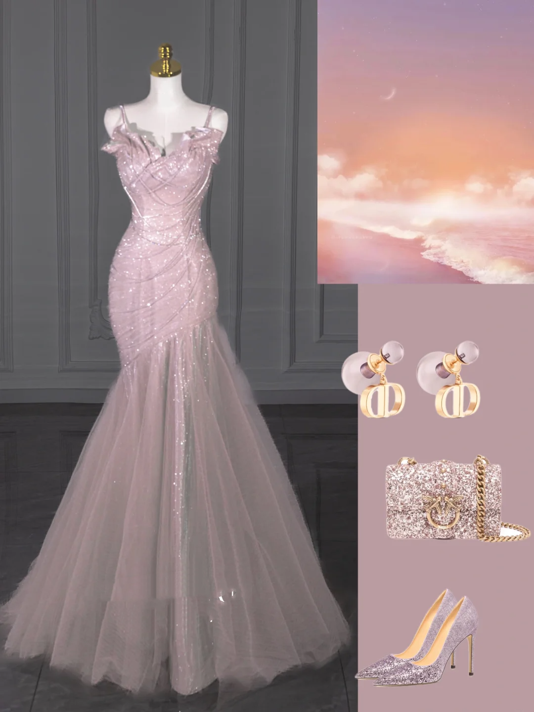 Robe de bal sirène élégante à bretelles spaghetti et paillettes roses, longue et longue au sol, inspiration robes de bal B89