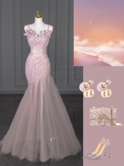 Robe de bal sirène élégante à bretelles spaghetti et paillettes roses, longue et longue au sol, inspiration robes de bal B89