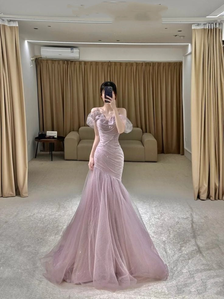 Robe de bal sirène élégante à bretelles spaghetti et paillettes roses, longue et longue au sol, inspiration robes de bal B89