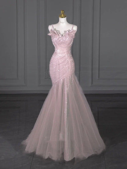 Robe de bal sirène élégante à bretelles spaghetti et paillettes roses, longue et longue au sol, inspiration robes de bal B89