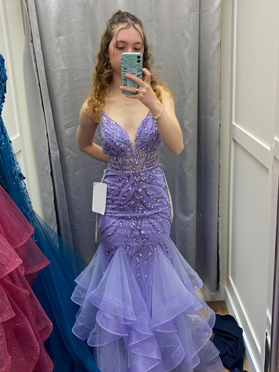 Elegantes Meerjungfrau Spaghettiträger Lila Tüll Langes Bodenlanges Ballkleid Inspiration Ballkleider B92