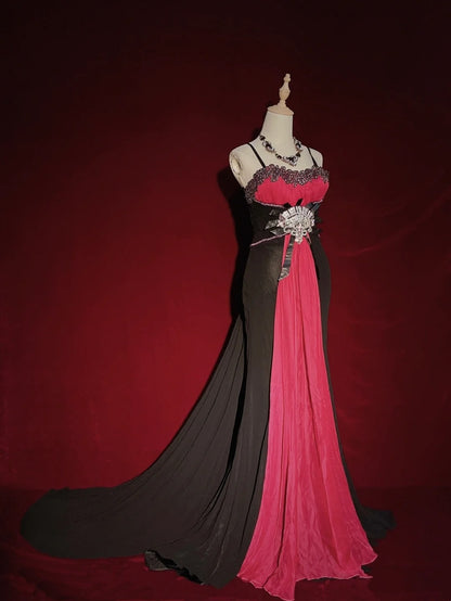 Belles robes de bal sirène à fines bretelles en mousseline rose et noire avec perles, longues tenues de soirée N3396