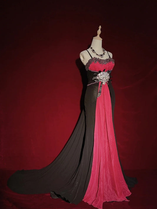 Belles robes de bal sirène à fines bretelles en mousseline rose et noire avec perles, longues tenues de soirée N3396
