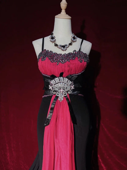 Belles robes de bal sirène à fines bretelles en mousseline rose et noire avec perles, longues tenues de soirée N3396