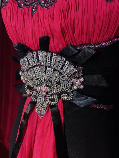 Belles robes de bal sirène à fines bretelles en mousseline rose et noire avec perles, longues tenues de soirée N3396