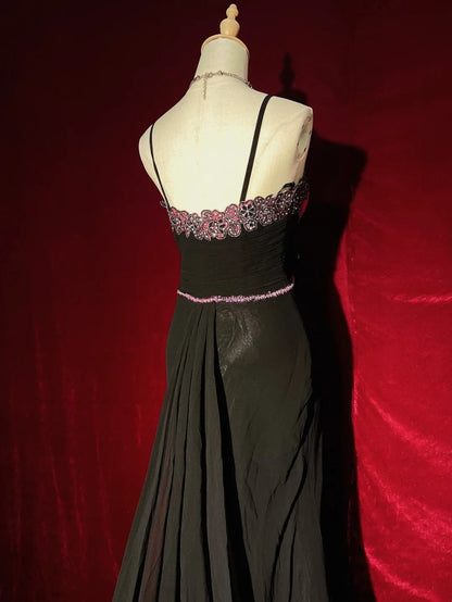Belles robes de bal sirène à fines bretelles en mousseline rose et noire avec perles, longues tenues de soirée N3396