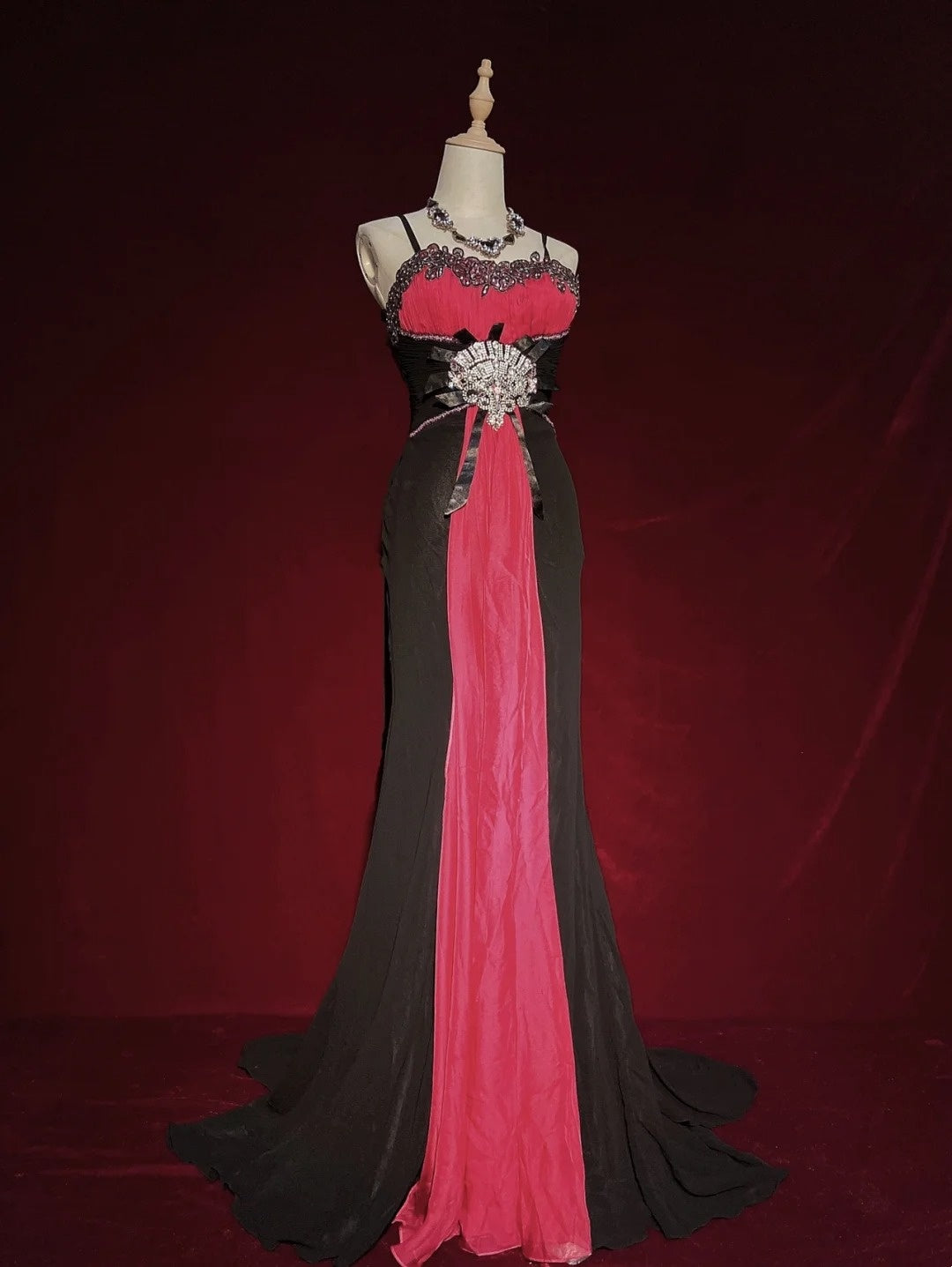 Belles robes de bal sirène à fines bretelles en mousseline rose et noire avec perles, longues tenues de soirée N3396