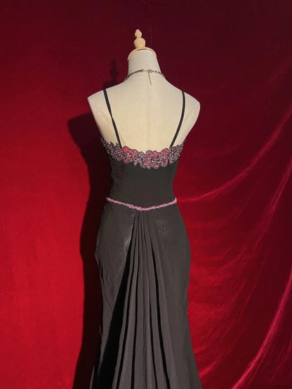 Belles robes de bal sirène à fines bretelles en mousseline rose et noire avec perles, longues tenues de soirée N3396