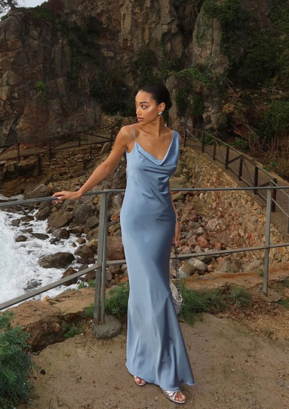 Einfaches Etuikleid Blau Rückfrei Satin Lang Ballkleid Abendkleid N2495