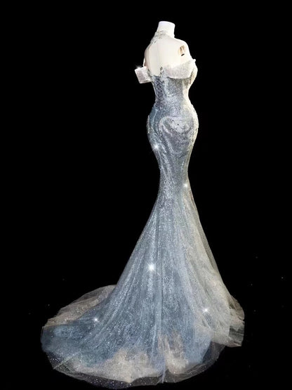 Robe de mariée longue de princesse sirène épaules dénudées à sequins blancs avec manches et traîne AB2188