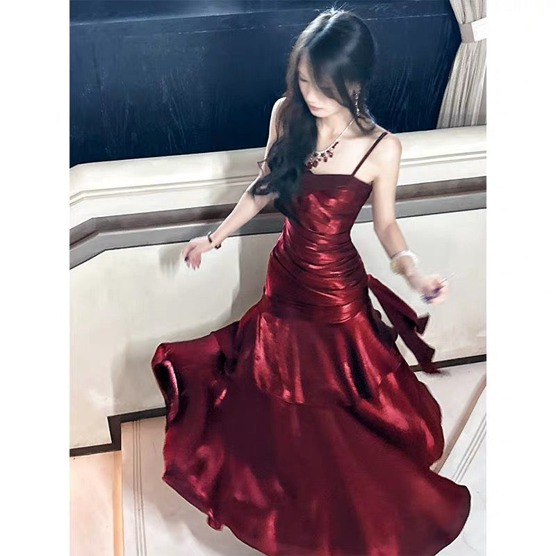 Superbe robe de bal sirène à bretelles spaghetti bordeaux en satin longue Inspiration Prom Dresses RB1331