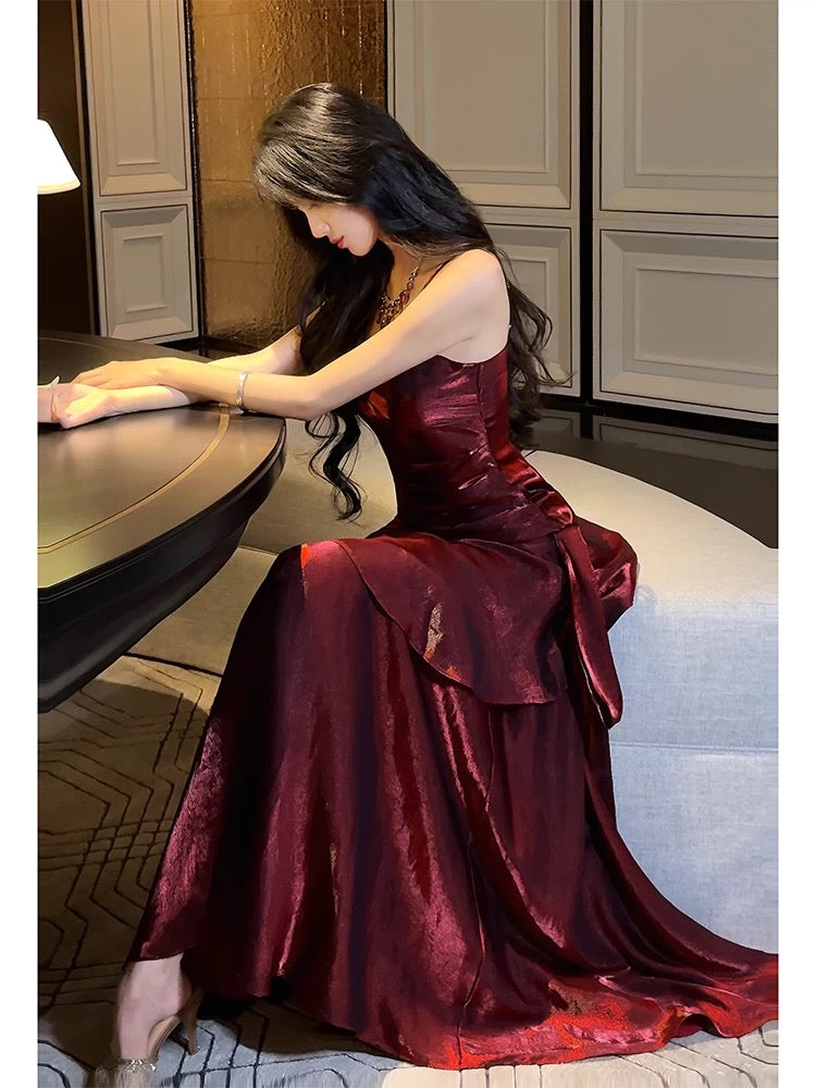 Superbe robe de bal sirène à bretelles spaghetti bordeaux en satin longue Inspiration Prom Dresses RB1331